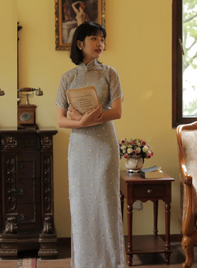 茉茉旗袍 三分连袖全开襟长款复古日常雪纺旗袍两件套 栀子