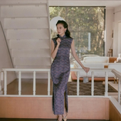 复古日常提花人丝旗袍 有省半开襟盘扣长款 锦瑟 夏小连袖 茉茉旗袍