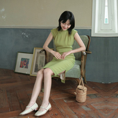 日常纯色褶皱雪纺旗袍 有省半开襟包边短款 青提 小连袖 茉茉夏