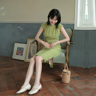 日常纯色褶皱雪纺旗袍 有省半开襟包边短款 青提 小连袖 茉茉夏