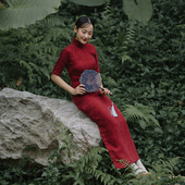 复古提花铜氨丝旗袍 无省全开襟长款 如眉 四分连袖 茉茉旗袍