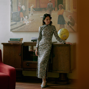 茉茉秋冬 九分装袖有省侧拉链长款 复古日常小香风港式旗袍 夜幕