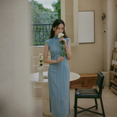 复古文艺日常棉绸旗袍 有省半开襟中长款 沛蓝 小连袖 茉茉春夏季