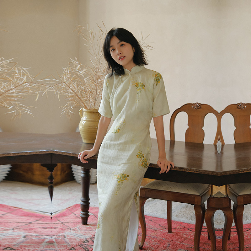 茉茉夏秋 四分连袖全开襟包边长款 复古日常年轻款丝麻旗袍 立秋,女装/女士精品,旗袍,淘宝优惠券,粉丝福利购,淘宝优惠卷