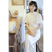 改良日常白色蕾丝旗袍 侧拉链长款 云上飞花 飞袖 茉茉旗袍