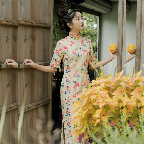 茉茉春夏 四分装袖侧拉链中长款 复古日常印花亚麻旗袍 解语