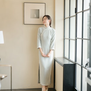 茉茉秋冬新 九分连袖侧拉链花边中长款 复古日常纯色老旗袍 德音