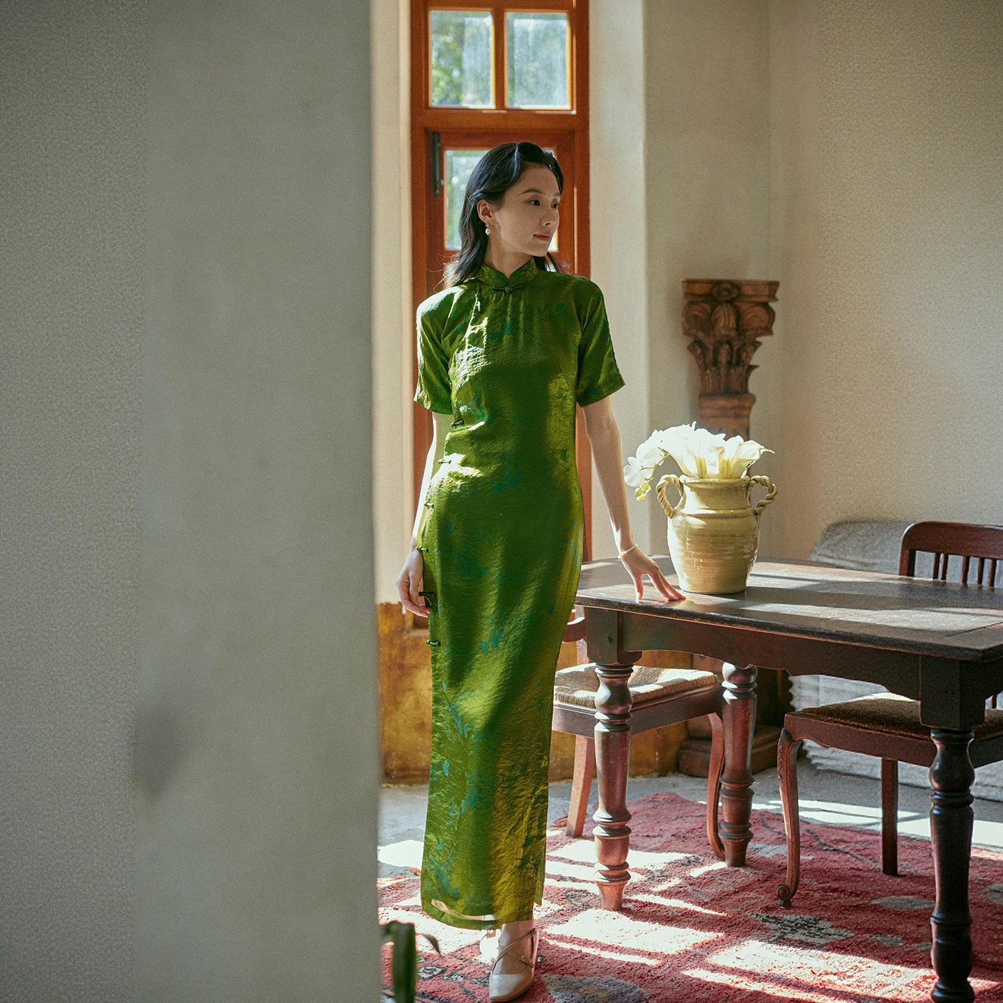 茉茉新品 四分连袖全开襟盘扣中长款 复古日常绿色人丝旗袍 绿芜,女装/女士精品,旗袍,淘宝优惠券,粉丝福利购,淘宝优惠卷