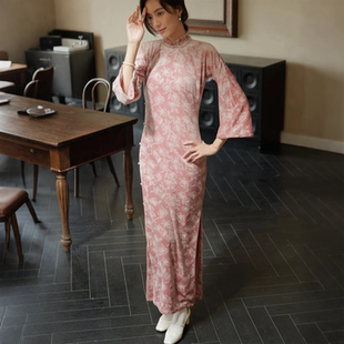 复古日常丝绒旗袍 全开襟盘扣长款 胭脂糯 八分水袖 茉茉秋冬新品