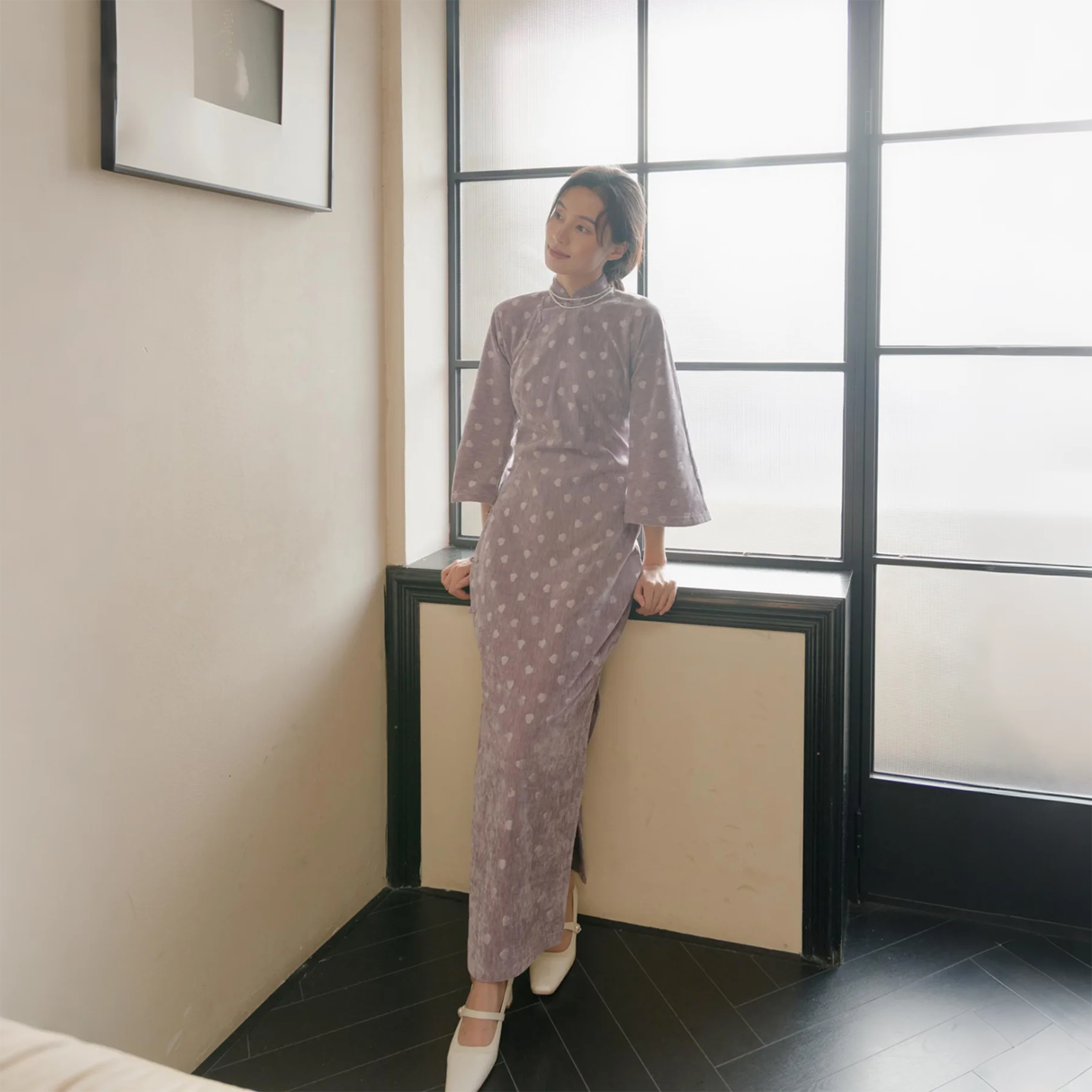 茉茉秋冬新品 九分水袖全开襟盘扣长款复古日常雪尼尔老旗袍 芋心