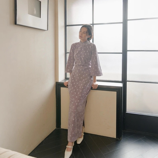 复古日常雪尼尔老旗袍 全开襟盘扣长款 芋心 春秋九分水袖 茉茉旗袍