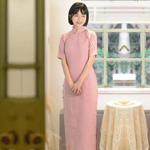 茉茉旗袍 四分连袖全开襟长款日常纯色砂洗亚麻旗袍 胭脂