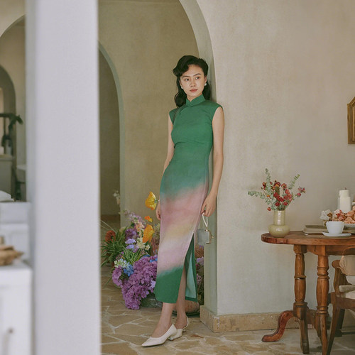 茉茉旗袍 春夏小连袖有省半开襟盘扣长款复古日常棉绸旗袍 春樱