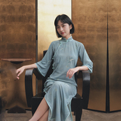 复古日常棉绸旗袍 无腰省全开襟包边长款 青羽 六分水袖 茉茉春夏