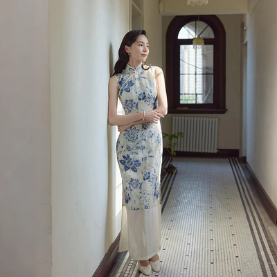 茉茉旗袍 春夏无袖有省侧拉链长款 复古日常改良丝麻连衣裙 蓝染