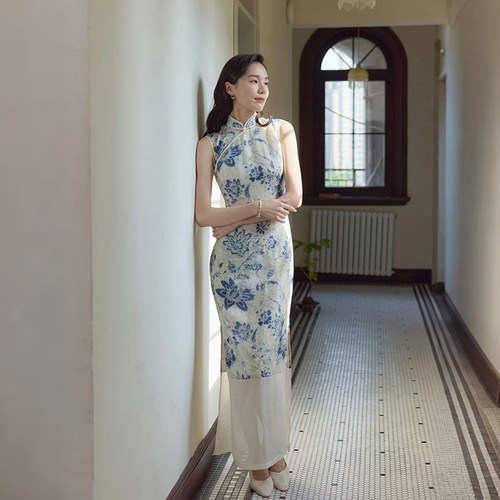 茉茉旗袍 春夏无袖有省侧拉链长款 复古日常改良丝麻连衣裙 蓝染