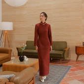 复古日常羊毛红旗袍 茉茉秋冬新品 有省侧拉链长款 袖 暖枫 九分装