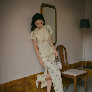 复古日常绣花天丝旗袍 茉茉旗袍 有省侧拉链长款 连袖 蝶语 春夏短袖