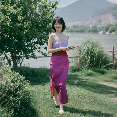 茉茉旗袍 春夏无袖上衣中式半身裙 棉绸两件套装 紫霞