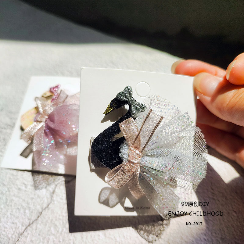 公主轻奢天鹅发卡黑色发夹宝宝可爱边夹原创蝴蝶结纯手工夹子儿童