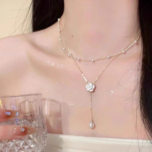 奥特莱斯品牌折扣店撤柜清仓捡漏项链山茶花双层珍珠锁骨链女配饰