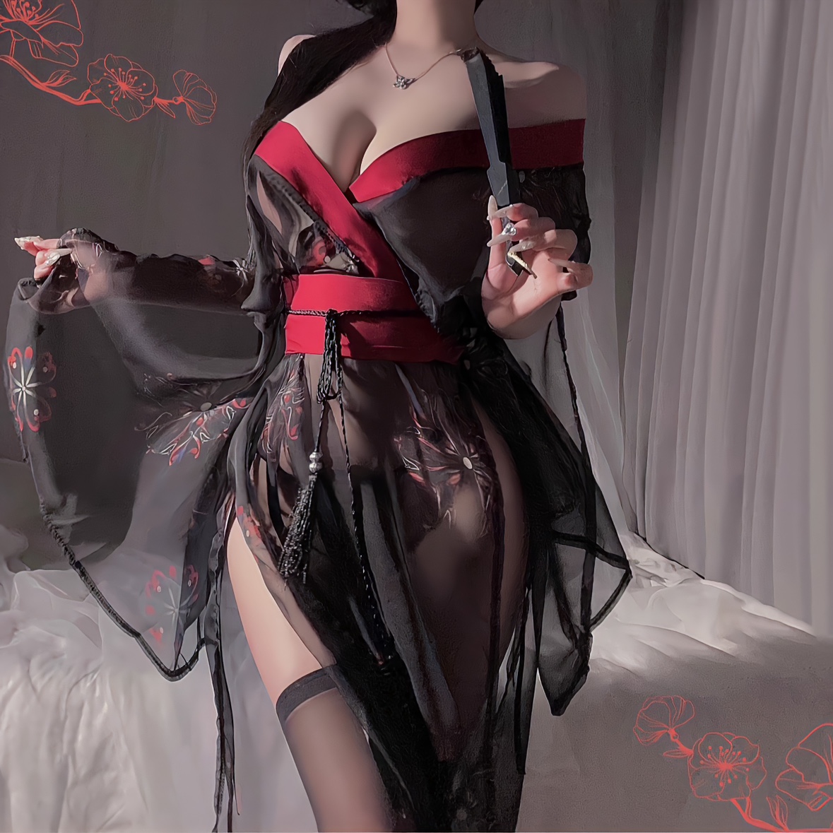 黑色汉服诱惑透视黑纱古风睡衣女性感和服浴袍睡袍情侣床上免脱