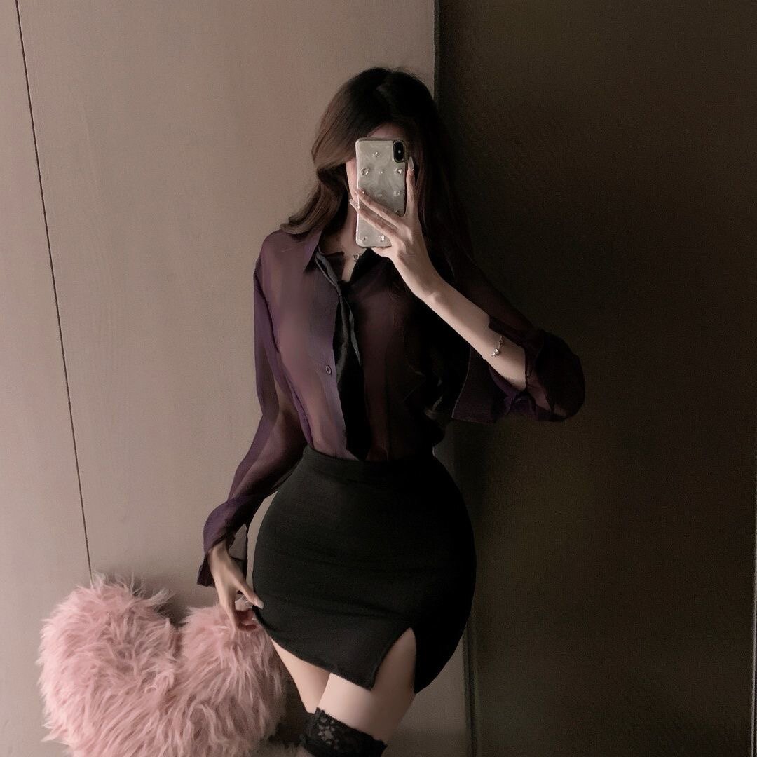 紫色性感长袖衬衫女透视上衣黑色包臀短裙时尚套装御姐秘书ol制服