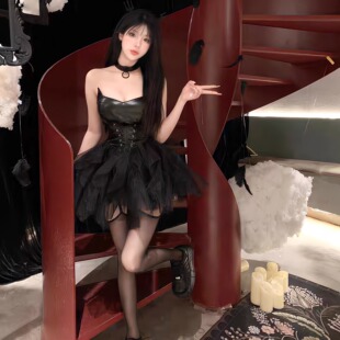 原创万圣节服装魅魔cos性感穿搭蓬蓬裙收腰漆皮抹胸连衣裙大码