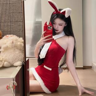 纯欲性感穿搭兔子制服套装 战袍 挂脖露肩包臀短裙子红色圣诞节女装
