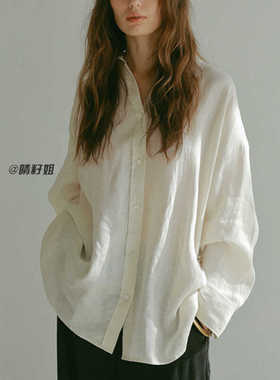 晴籽姐韩国设计师品牌24秋新款LEROBE慵懒宽松显瘦亚麻长袖衬衫