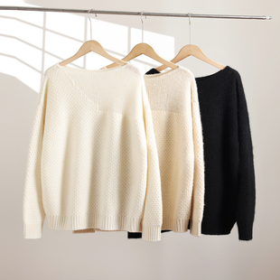 山羊绒女短款毛衫落肩袖一字领宽松针织毛衣镂空白色套头大学生衫