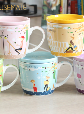 日式耐热牛奶杯子陶瓷带盖带把家用水杯办公室下午茶杯套装马克杯