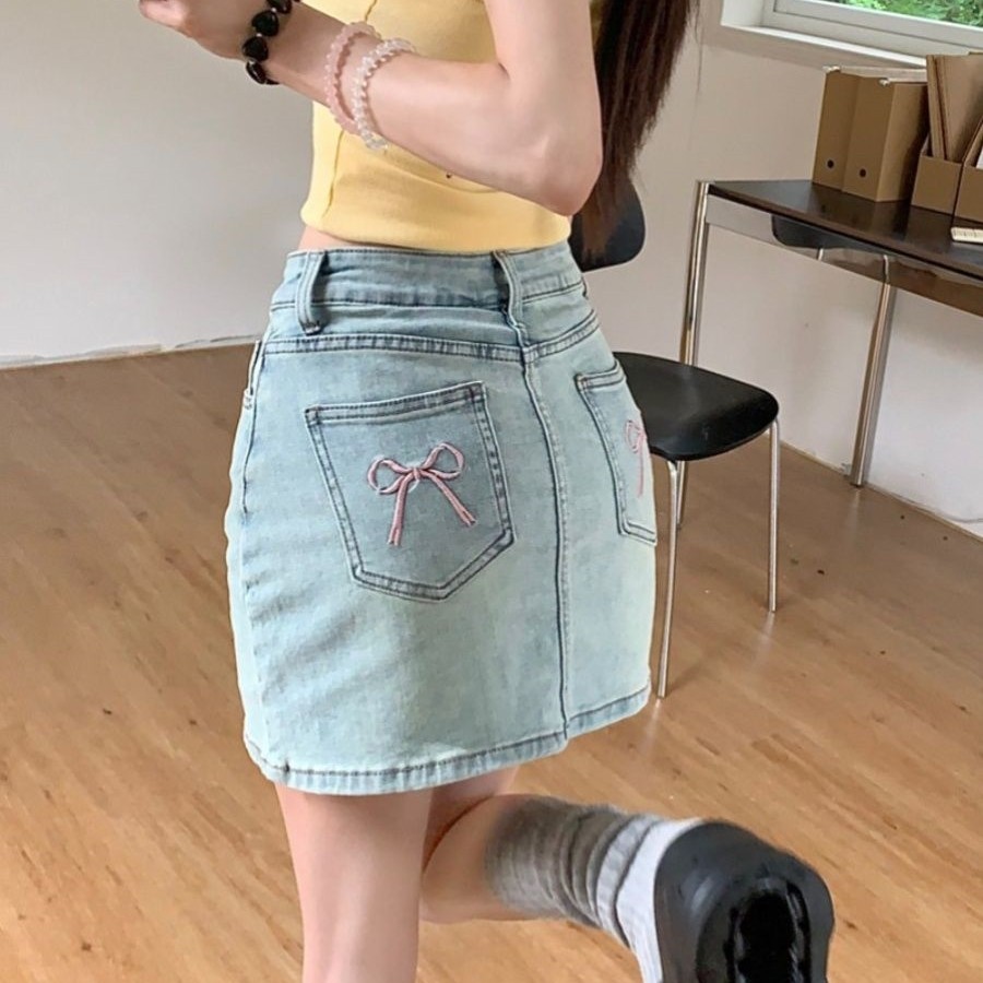 小个子美式蝴蝶结刺绣包臀牛仔半身裙女夏季新款高腰显瘦A字短裙