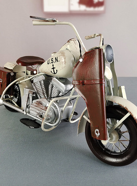 复古白色铁艺哈雷摩托车模型摆件