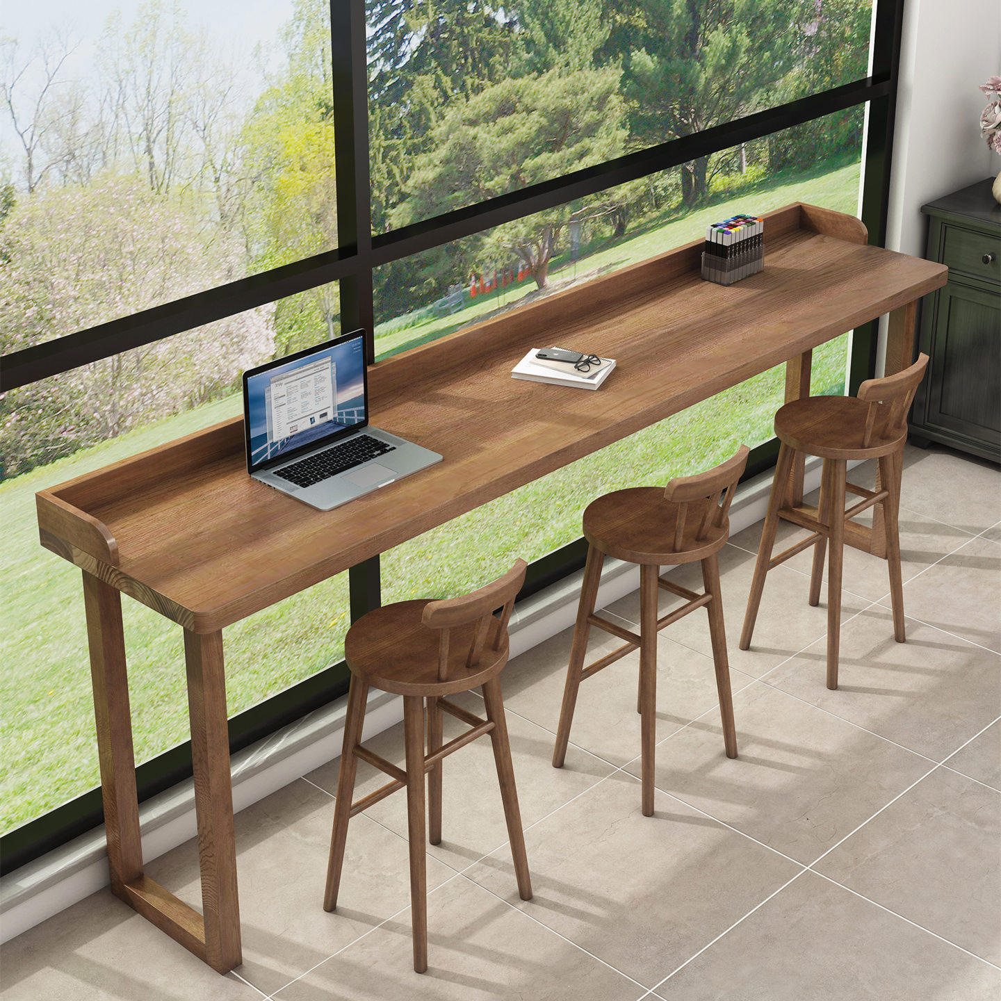 窗前实木吧台桌阳台高脚桌椅组合