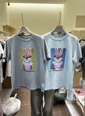M.TWO春夏新款韩版小兔彩棉印花百搭显瘦洋气宽松短袖t恤女70681