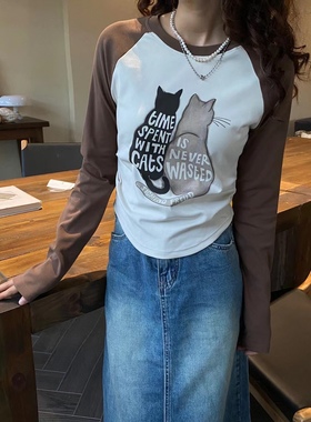 M77欧洲站褶皱收腰设计感T恤女早秋长袖卡通猫拼色修身上衣M66281