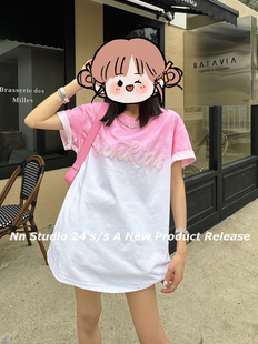 Nn渐变色中长款女t恤遮屁股短袖夏新宽松欧货大版下装消失T恤