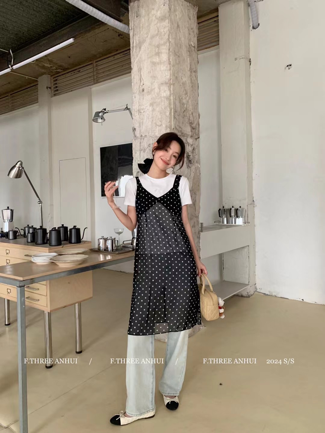 F.THREE三姐妹波点裙帘超火叠穿搭配连衣裙韩系叠穿V领吊带裙套装