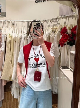 Sasa Studio春夏新款休闲风格爱心植绒短袖T恤女上衣配披肩21236#