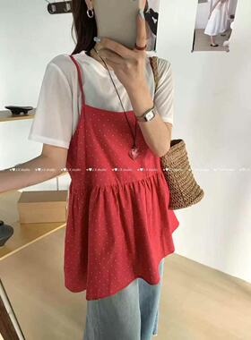 J.X Studiu韩系ins风夏百搭时尚短袖T恤+满印波点马甲套装配发圈