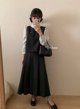 RS-WHMT早秋新款法式高定款复古飘带衬衫马甲半裙三件套套装5213