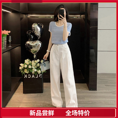 女装洋气时髦爆款套装2025新款蝙蝠短袖镂空针织衫上衣白色牛仔裤