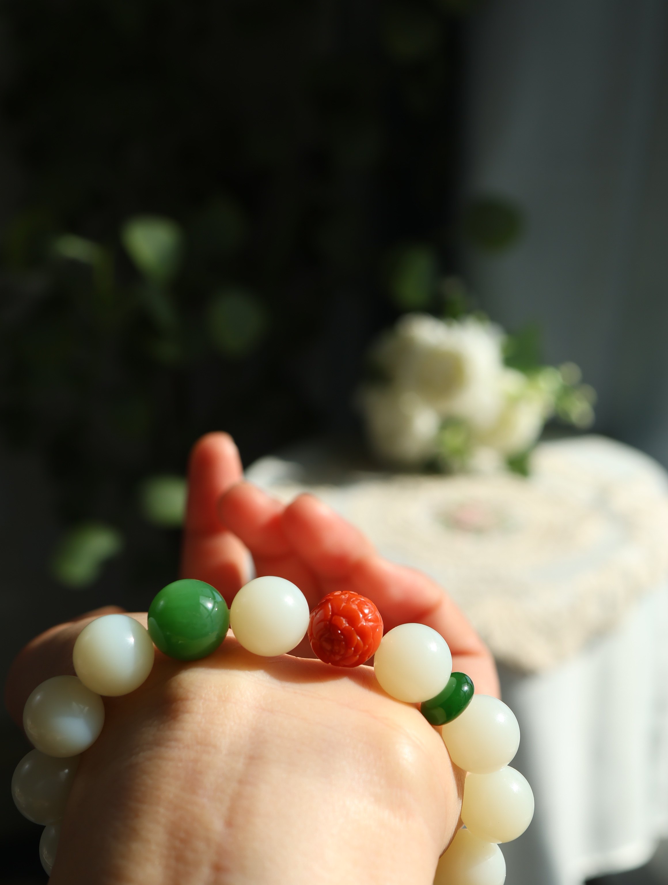 天然和田玉 卡12 米达手串 油润细腻的米达～暖白暖白的