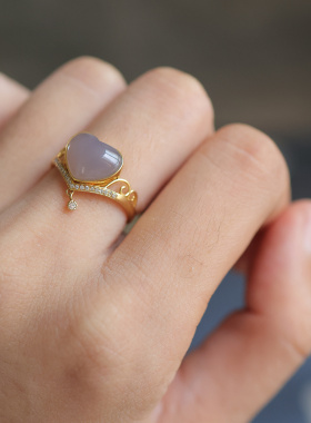 天然和田玉 10.3*8.4mm烟紫戒指+18K金 货号7158