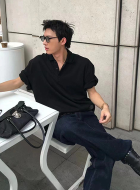 MONBLACK POLO领宽松落肩短袖纯色廓形翻领T恤