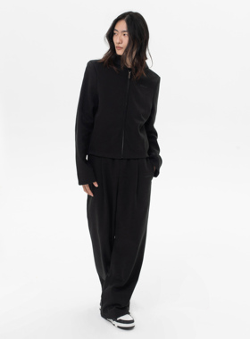 MONBLACK 黑色碳灰常规短款纯色垫肩长袖夹克连帽拉链卫衣