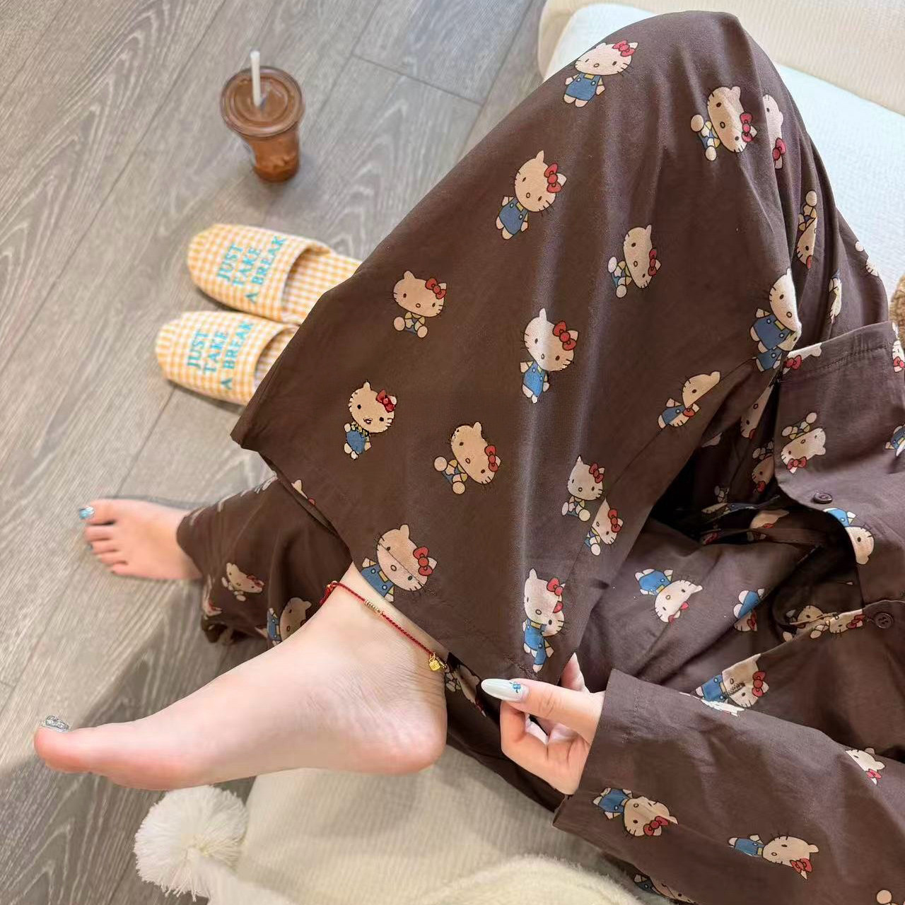 韩系复古咖色印花卡通居家服翻领开衫长袖长裤休闲可外穿女睡衣