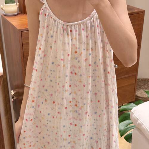 上新！纯棉纱布小飞袖睡裙女中长款甜美可爱家居服睡衣可外穿