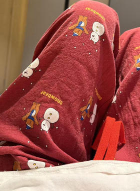 纯棉！圣诞雪人和熊印花睡裤女红色居家磨毛直筒家居长裤